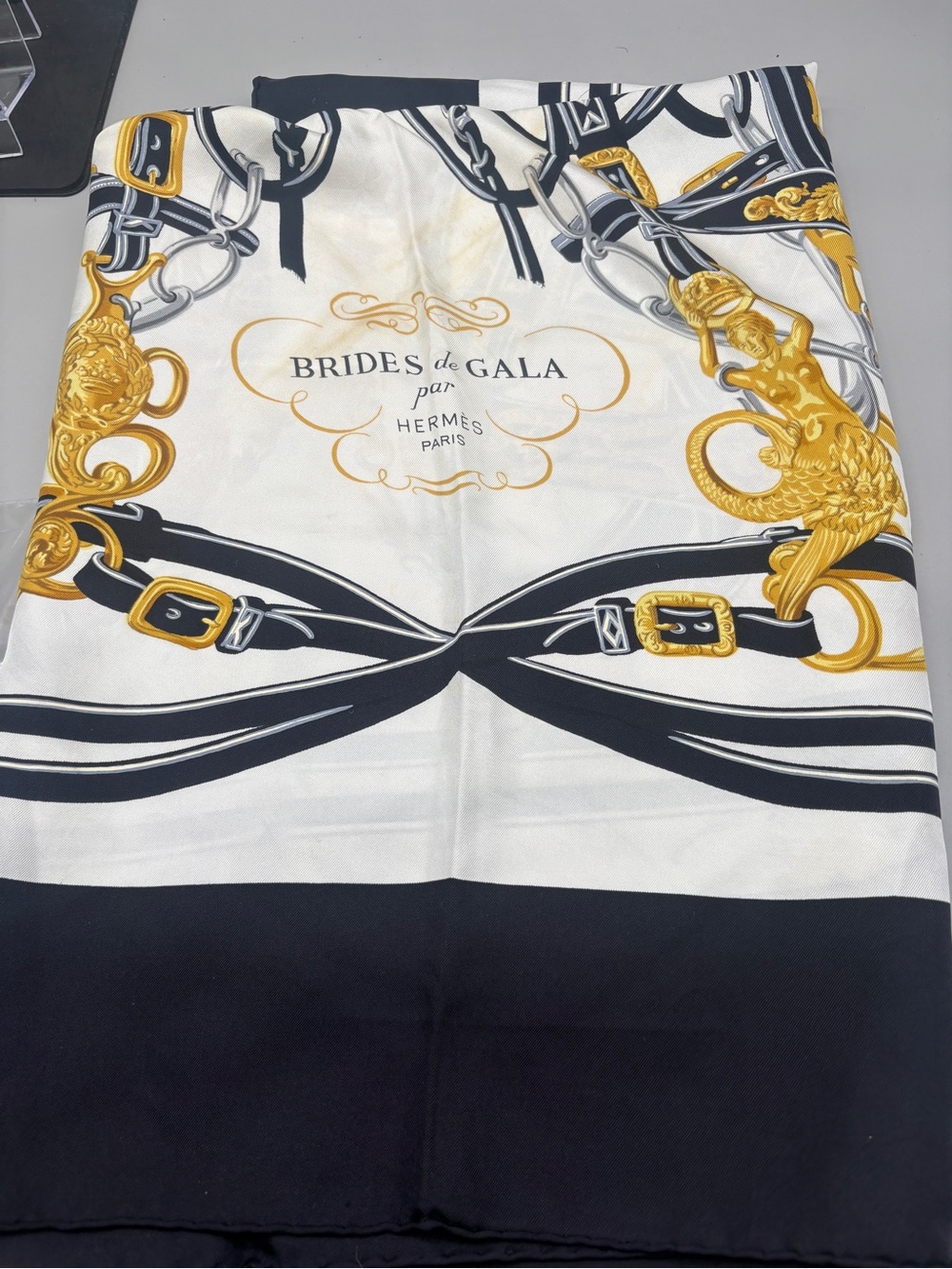 Hermès Brides de Gala Silk Scarf in White, Black & Gold
